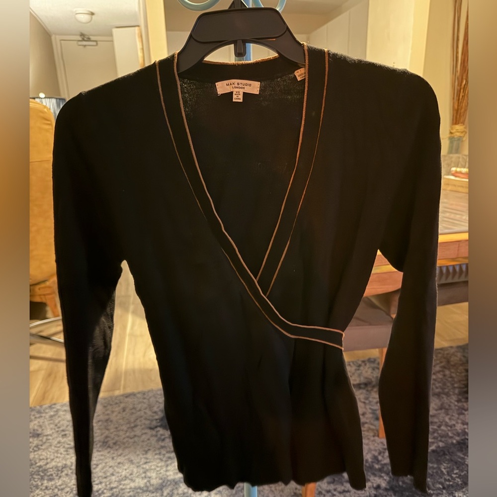Max Studio Black Sweater with Tan Trim